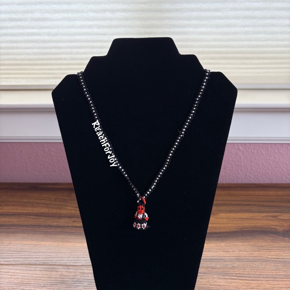 Vintage Native American Beaded Girl Doll Necklace Pendant Tribal Black And White